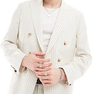 Tallia 48R Linen Double Breasted Blazer Cream Navy Stripe Nautical Summer